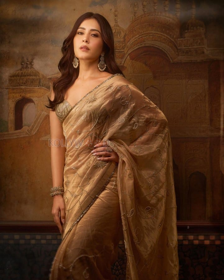 Talaakhon Mein Ek Actress Raashi Khanna in a Golden Tissue Saree with Embellished Sleeveless Blouse Photos 02