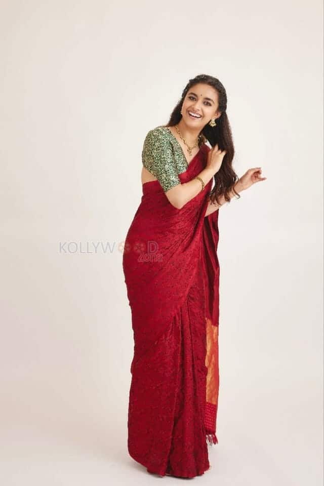 Tamil Heroine Keerthy Suresh in a Red Silk Saree Photos 05