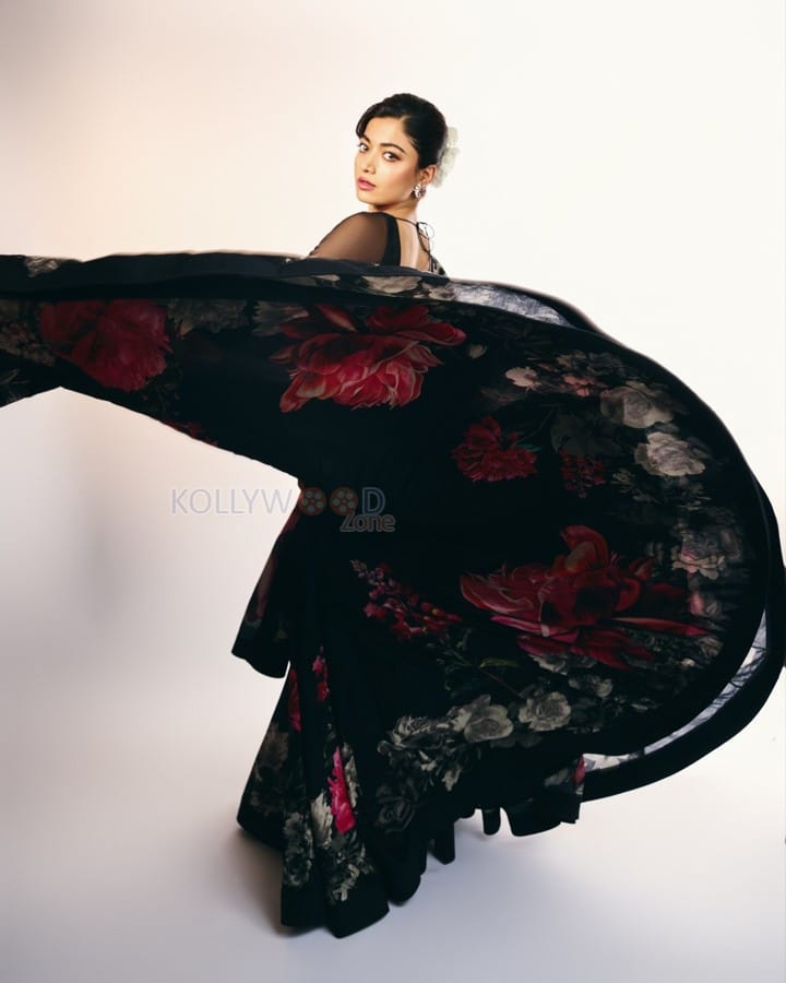 Thamma Actress Rashmika Mandanna in a Black Floral Lehenga with a Sheer Full Sleeve Blouse Pictures 09