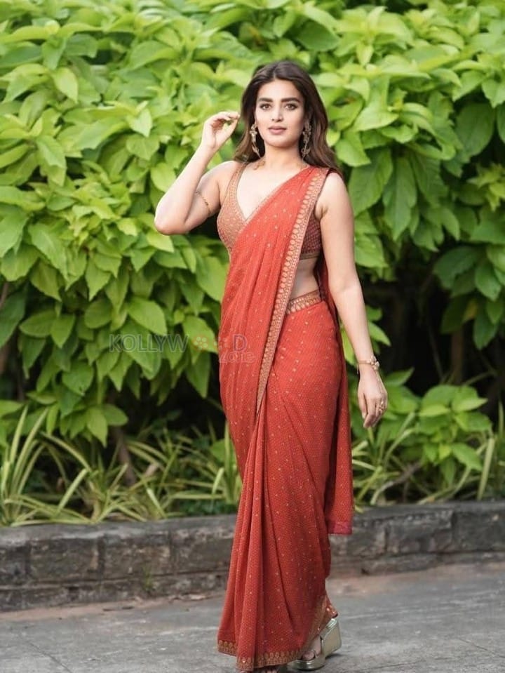 Tollywood Heroine Niddhi Agerwal in a Sequin Rust Saree with an Embroidered Sleeveless Saree Photos 03