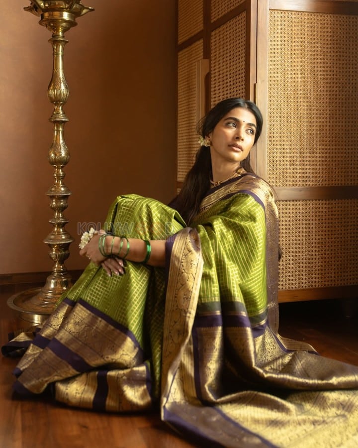 Vintage Beauty Pooja Hegde in a Green and Purple Kanchipuram Silk Saree Photos 01