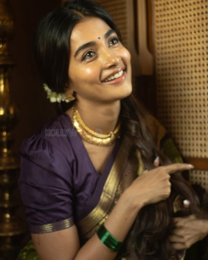 Vintage Beauty Pooja Hegde in a Green and Purple Kanchipuram Silk Saree Photos 09