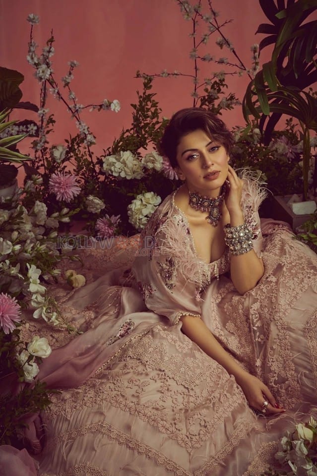 Actress Hansika Motani in a Pink Organza and Chantilly Lace Embroidery Floral Lehenga Photos 02