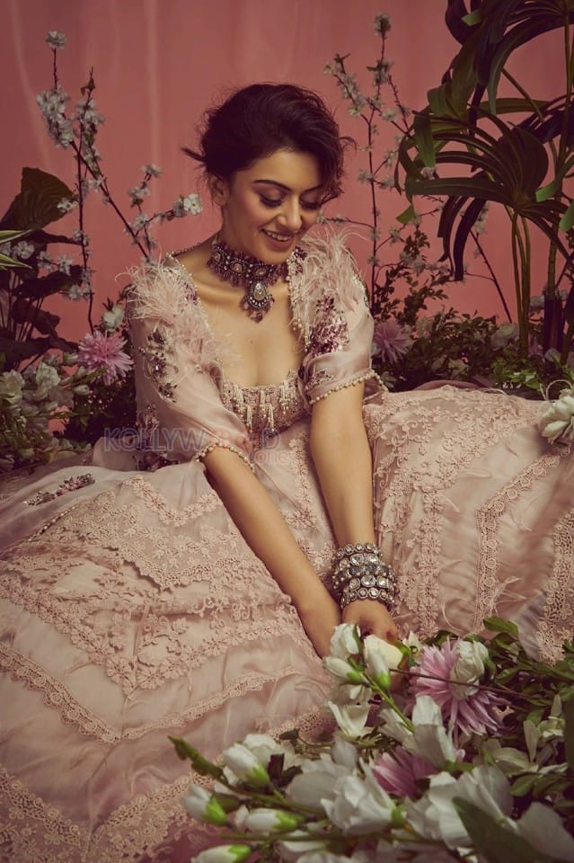 Actress Hansika Motani in a Pink Organza and Chantilly Lace Embroidery Floral Lehenga Photos 03