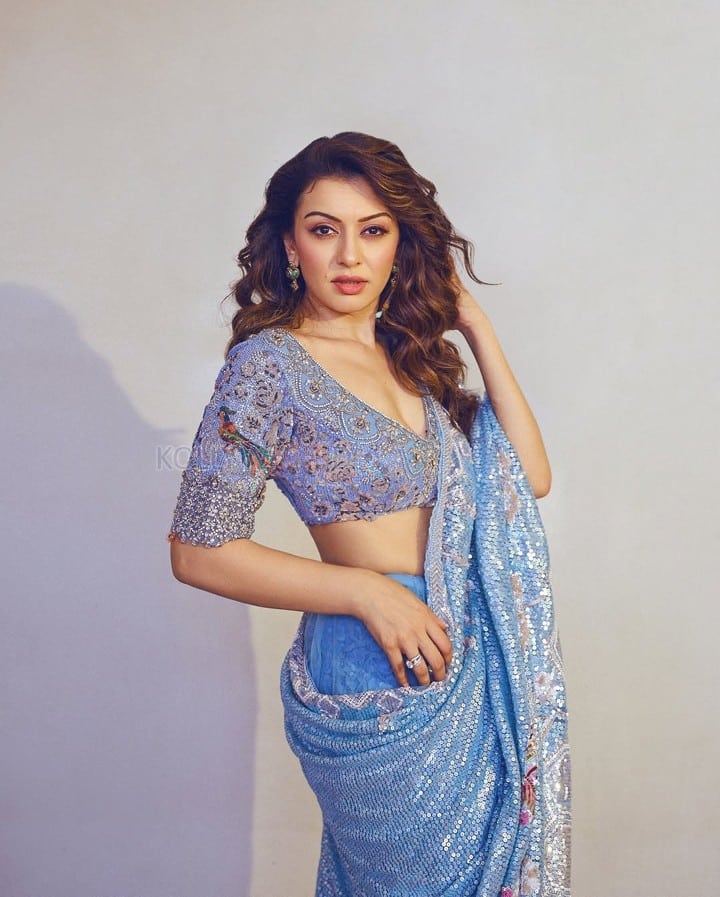 Dazzling Hansika Motwani in a Frosted Blue Sequin Saree with a Matching Crystal Blouse Pictures 01