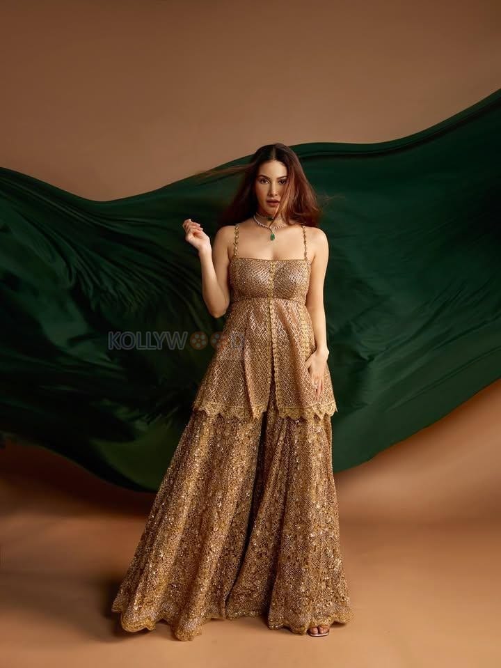 Mumbai Actress Amyra Dastur in a Golden Full Sleeved Blouse and Skirt Photos 06