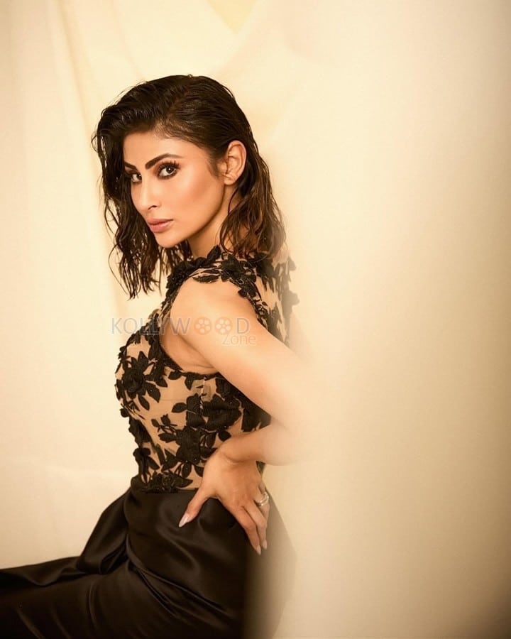 Ravishing Mouni Roy in a Black Thigh Slit Gown with a Netted Black Shirt Photos 03