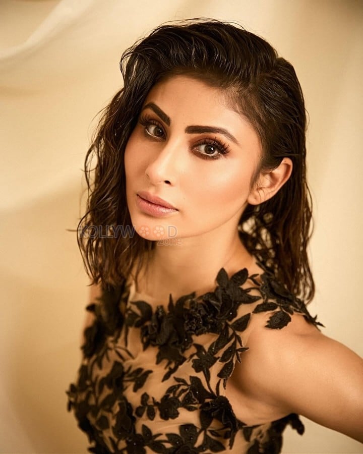 Ravishing Mouni Roy in a Black Thigh Slit Gown with a Netted Black Shirt Photos 04