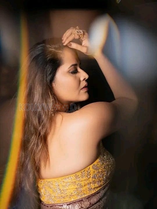 Royal Glamour Anasuya Bharadwaj in a Maroon Benaras Saree with a Strapless Yellow Bralette Photos 01