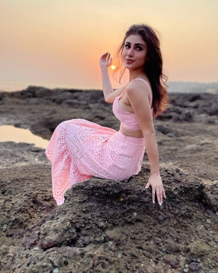 Sexy Mouni Roy Enjoying the Sunset in a Pink Dress Pictures 05