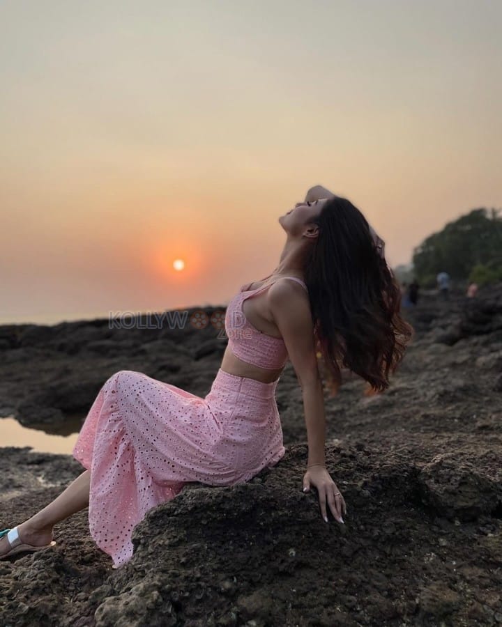Sexy Mouni Roy Enjoying the Sunset in a Pink Dress Pictures 07