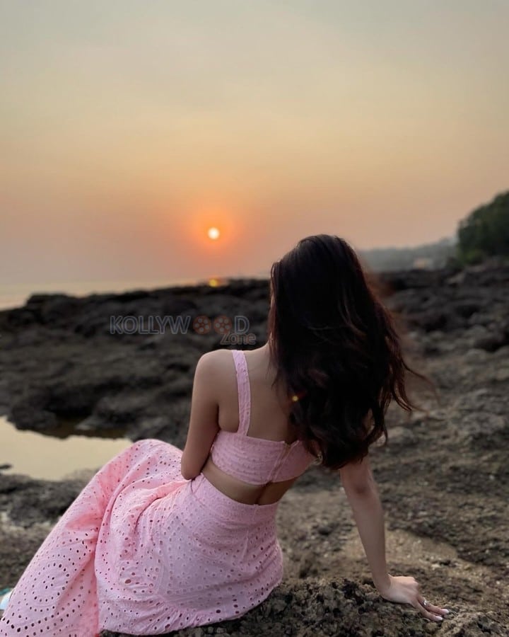 Sexy Mouni Roy Enjoying the Sunset in a Pink Dress Pictures 08