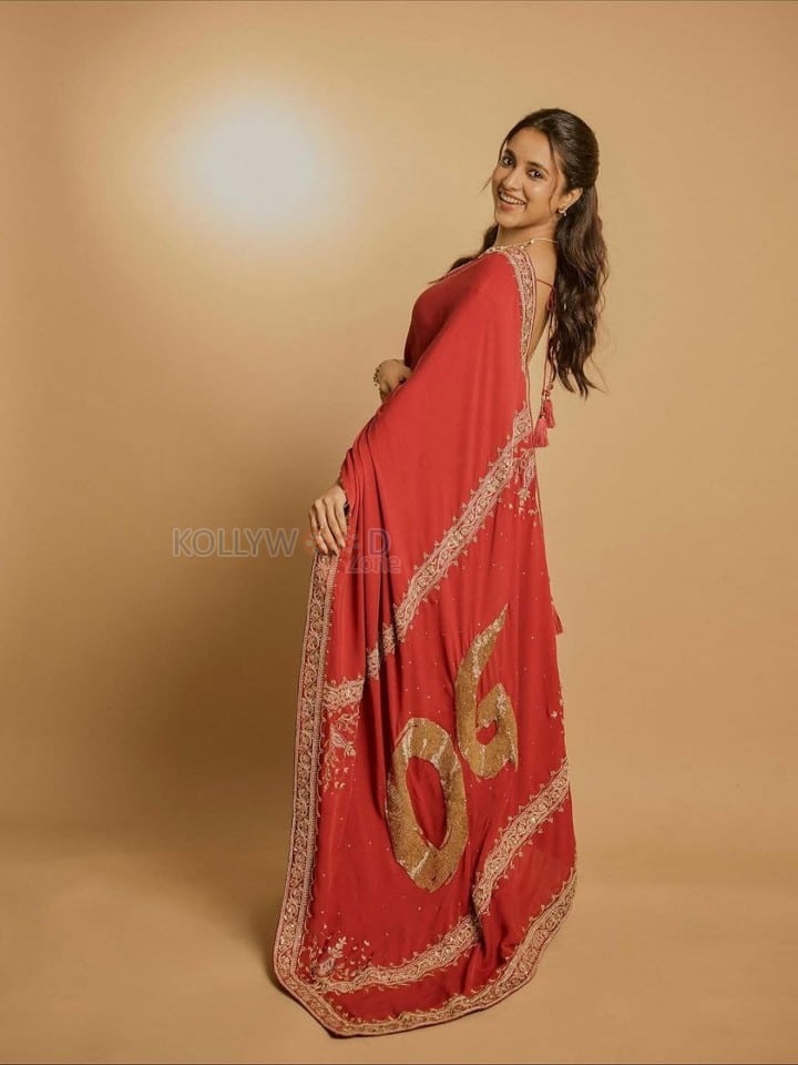 Sexy Priyanka Mohan in a Red Saree with Golden Embroidered Border Pictures 05
