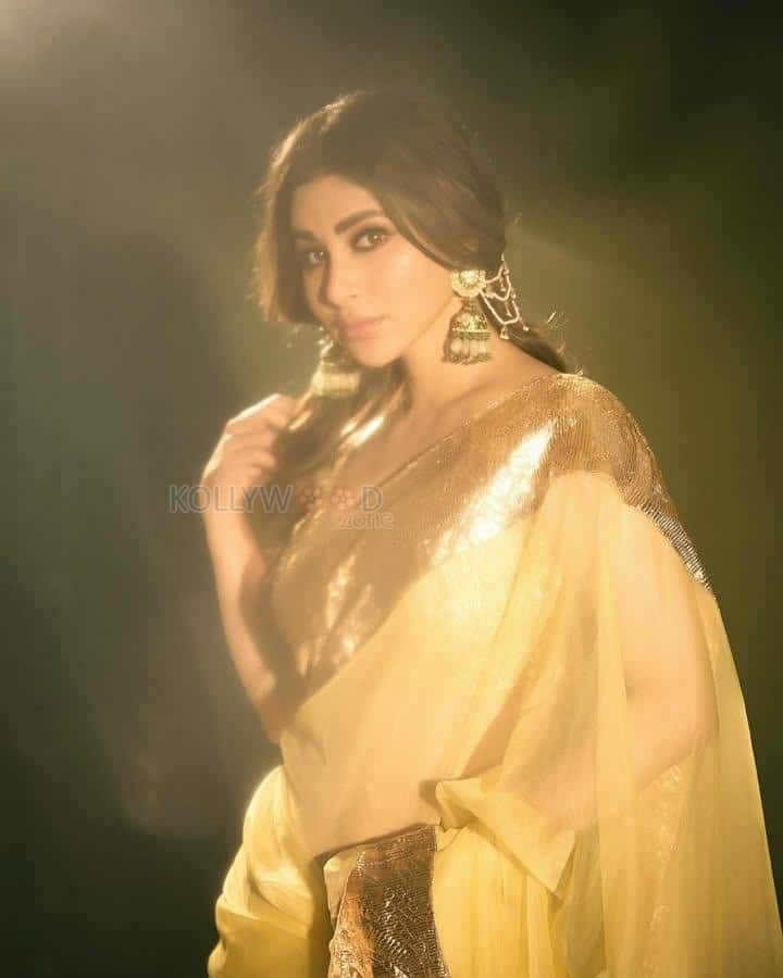 Stunning Mouni Roy in a Gold Organza Saree with Gold Borders Photos 02