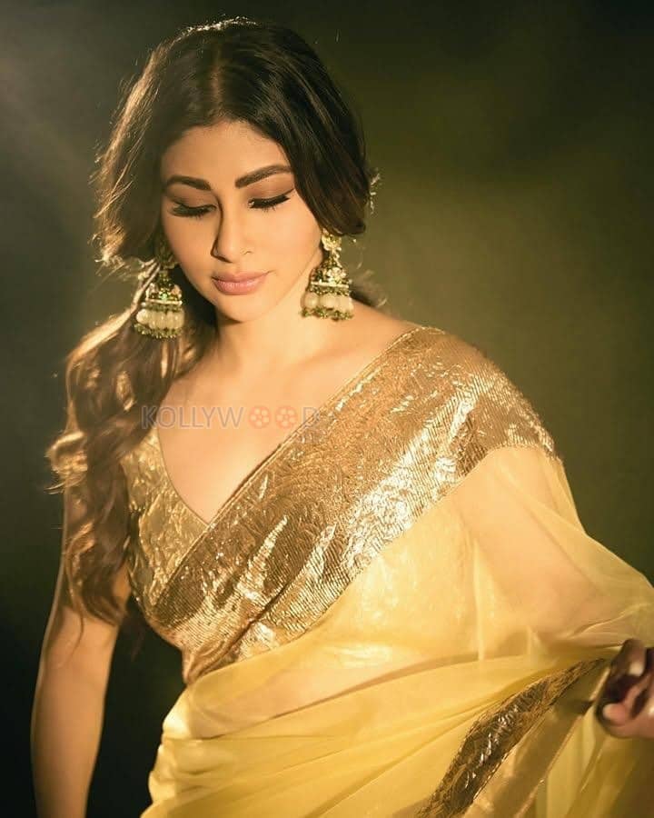 Stunning Mouni Roy in a Gold Organza Saree with Gold Borders Photos 03
