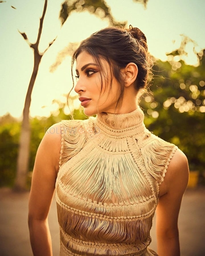 Stylish Mouni Roy in a Golden Yarn Draped Fitted Corset Dress Photos 03