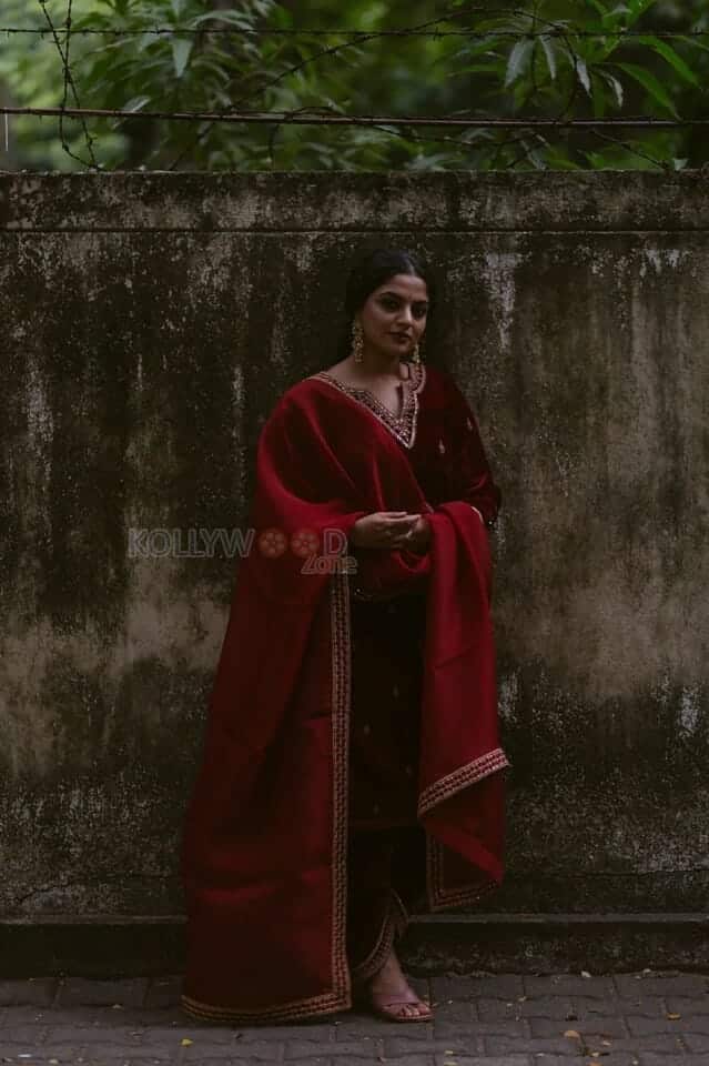 Actress Nikhila Vimal in a Red Embroidered Sharara Photos 01