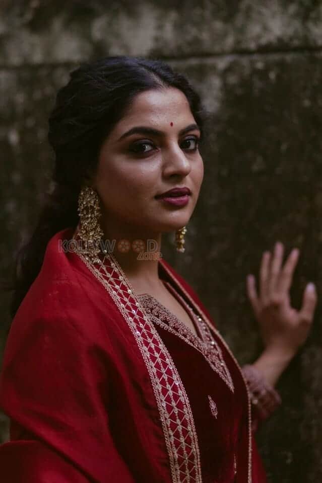 Actress Nikhila Vimal in a Red Embroidered Sharara Photos 02