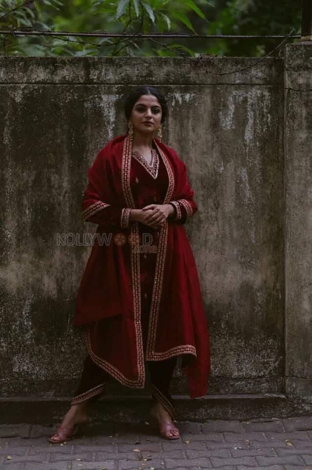 Actress Nikhila Vimal in a Red Embroidered Sharara Photos 03