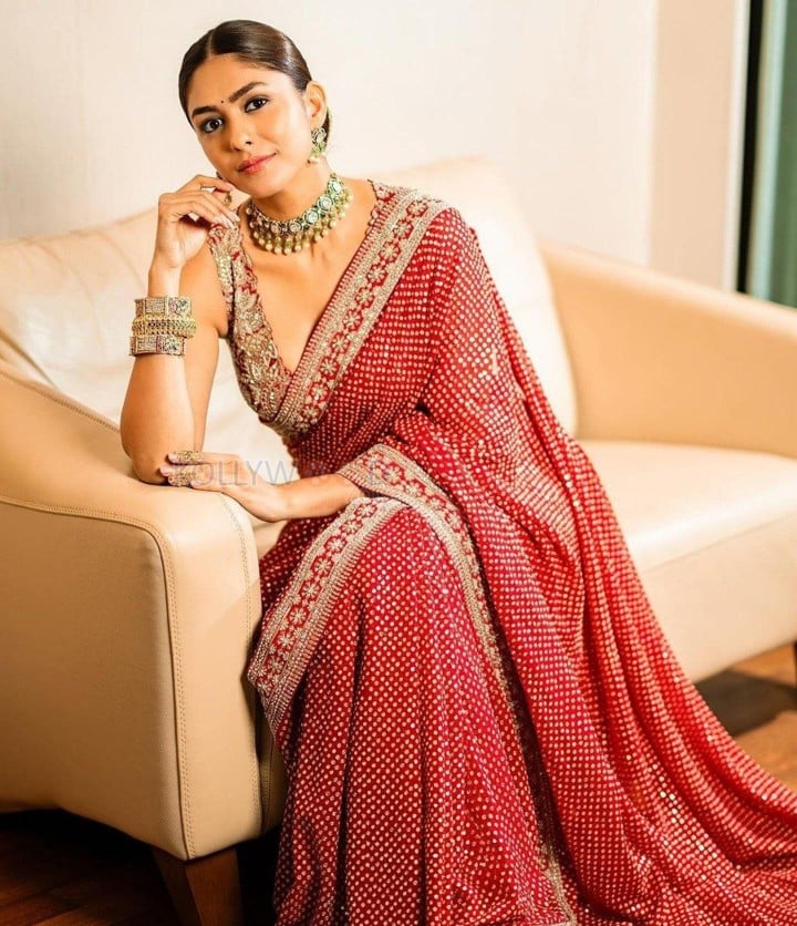 Beauty Mrunal Thakur in a Printed Embroidery Work In Lace Georgette Saree Photos 01