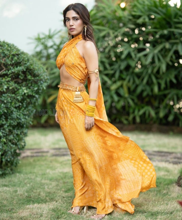 Bhumi Pednekar in a Yellow Halter Neck Crop Top and Maxi Skirt Photos 03
