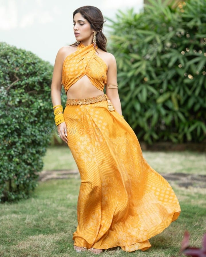 Bhumi Pednekar in a Yellow Halter Neck Crop Top and Maxi Skirt Photos 04