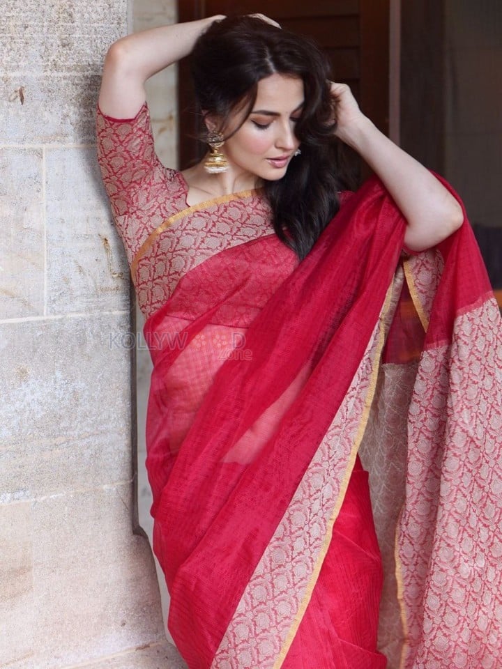 Elegant Elli AvrRam in a Traditional Red and Golden Border Saree Photos 04