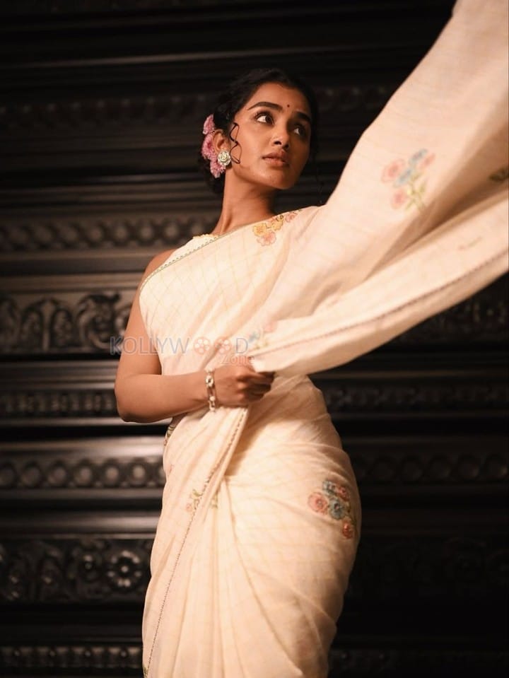 Elegant Heroine Anupama Parameswaran in a Cream Handover Floral Embroidered Saree Photos 02
