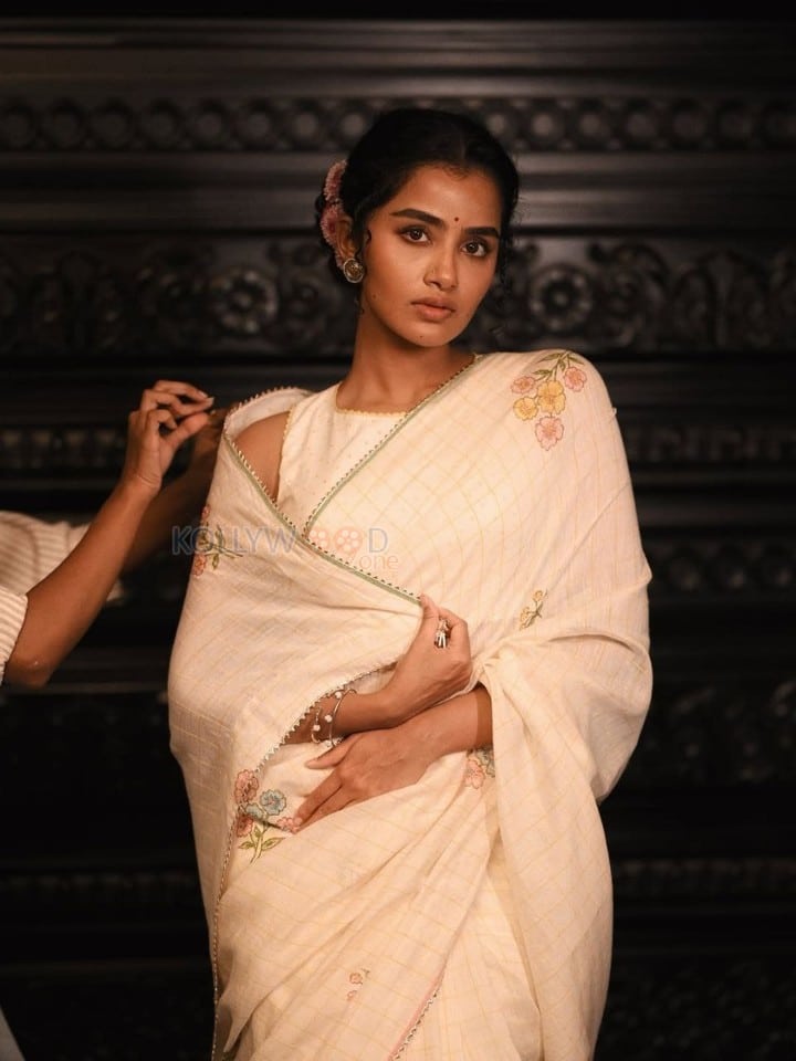 Elegant Heroine Anupama Parameswaran in a Cream Handover Floral Embroidered Saree Photos 04