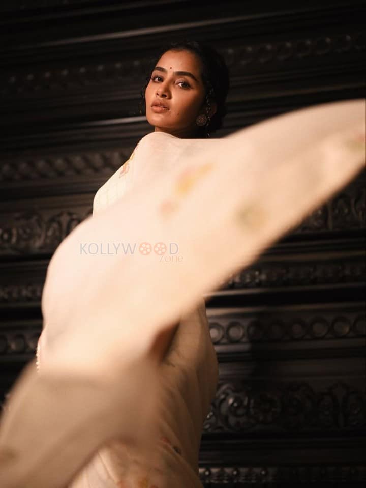 Elegant Heroine Anupama Parameswaran in a Cream Handover Floral Embroidered Saree Photos 06