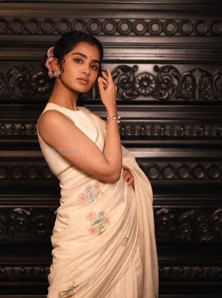 Elegant Heroine Anupama Parameswaran in a Cream Handover Floral Embroidered Saree Photos 10