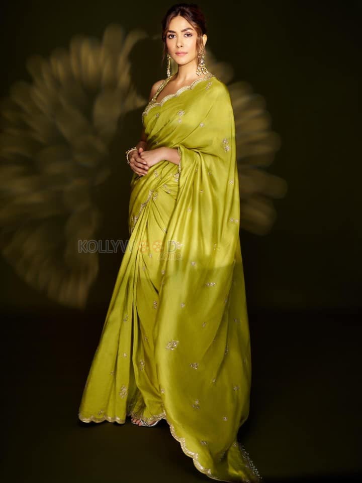 Gorgeous Mrunal Thakur in a Lime Green Silk Saree with a Sleeveless Cropped Blouse Pictures 05