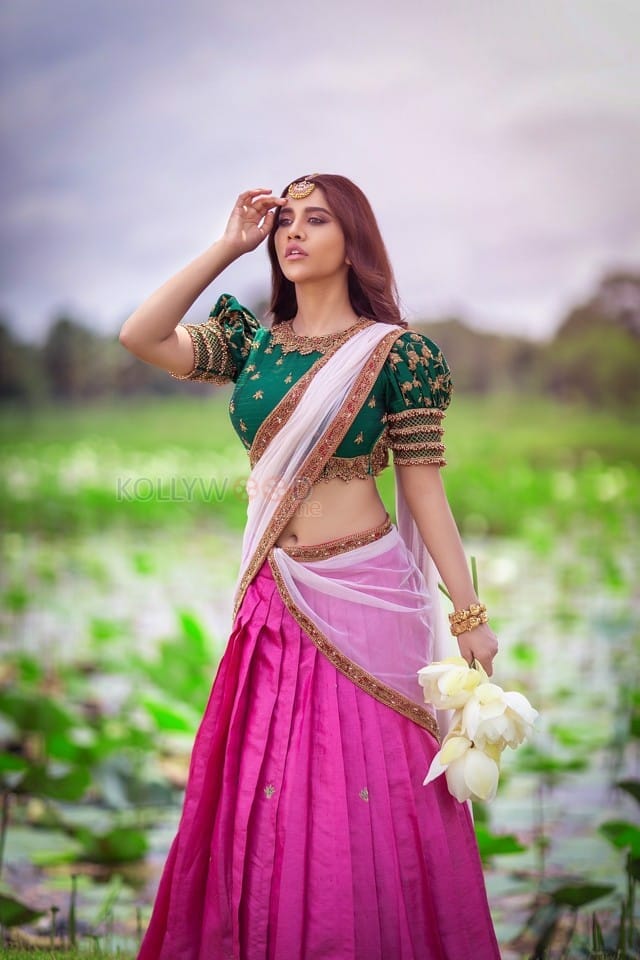 Gorgeous Nabha Natesh Green Half Saree Photos 02