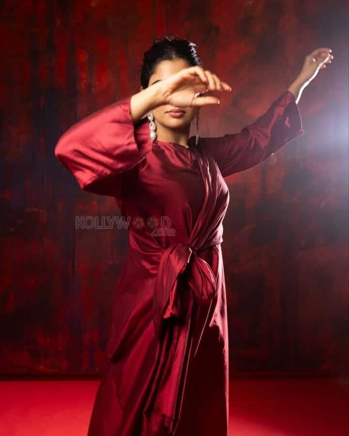 Heroine Nikhila Vimal in a Red Satin Dress Pictures 02