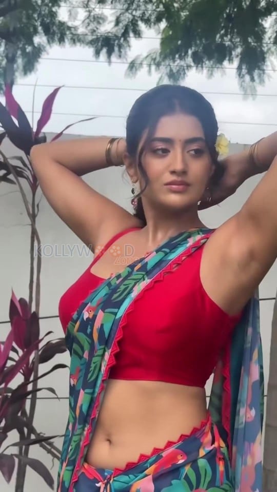 Hot Rashi Singh Navel and Armpits in a Saree with Sleeveless Red Blouse Photos 02
