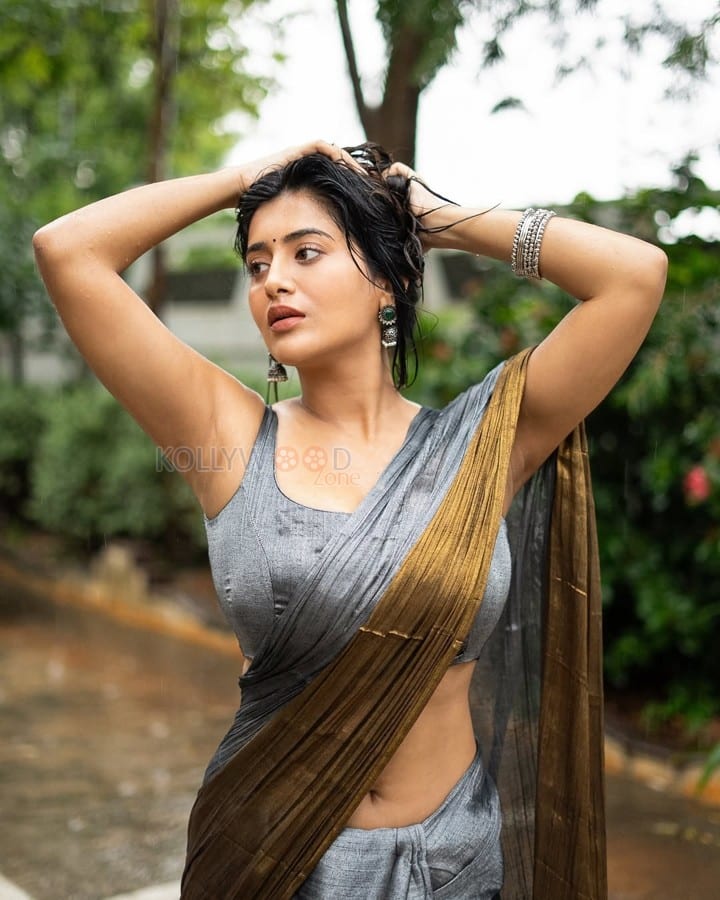 Hot Rashi Singh Navel in a Golden Grey Saree with Matching Sleeveless Blouse Photos 01