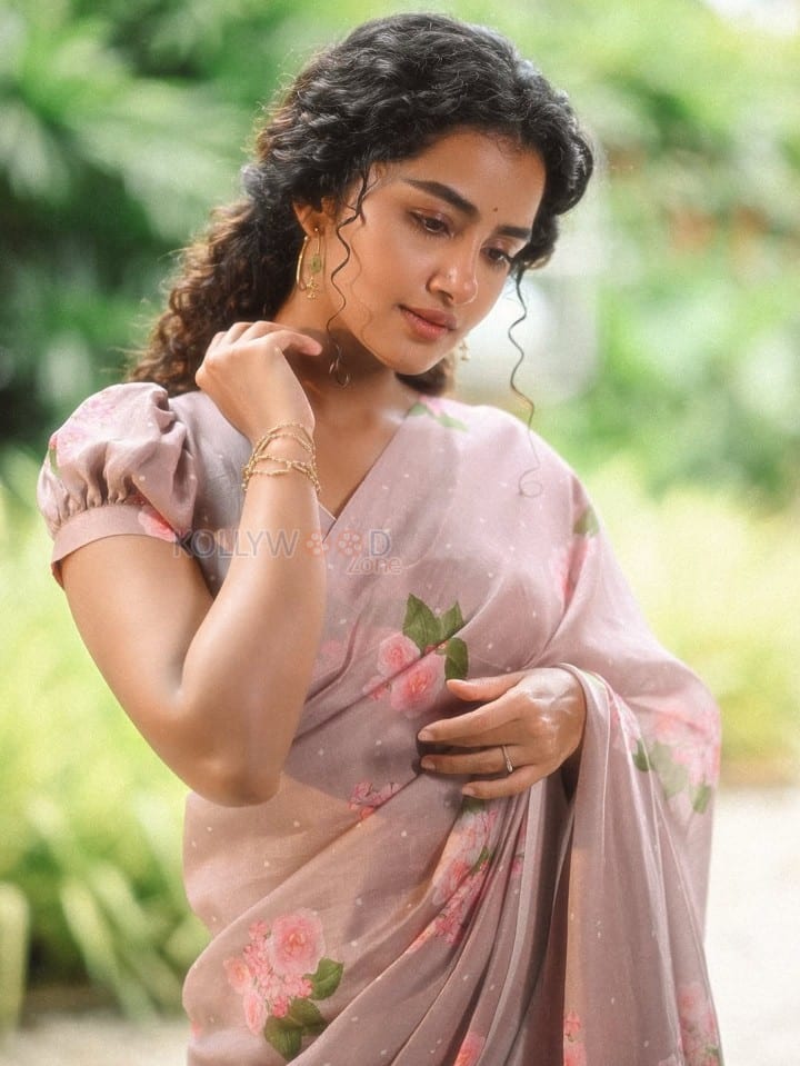 Paradha Actress Anupama Parameswaran in a Light Brown Floral Handwoven Cotton and Silk Sari with Organza Border Photos 01