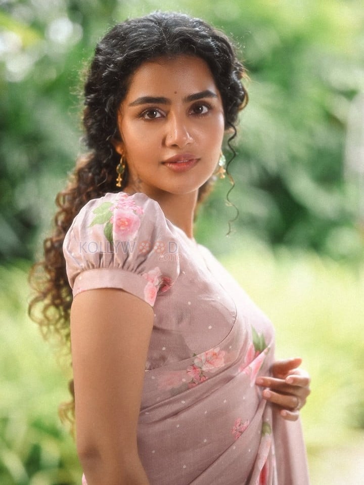 Paradha Actress Anupama Parameswaran in a Light Brown Floral Handwoven Cotton and Silk Sari with Organza Border Photos 02