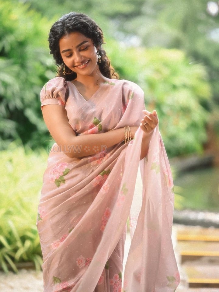 Paradha Actress Anupama Parameswaran in a Light Brown Floral Handwoven Cotton and Silk Sari with Organza Border Photos 03
