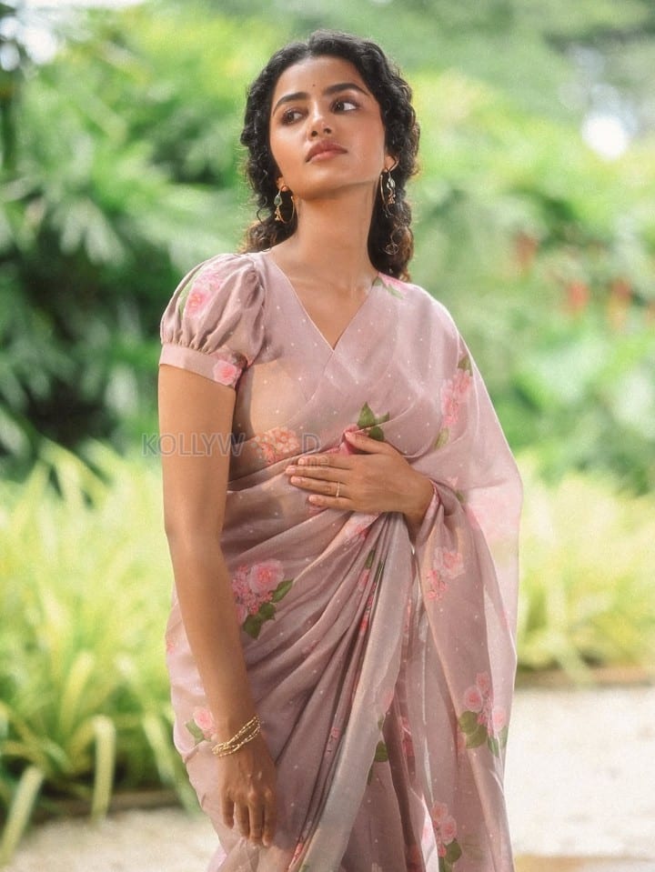 Paradha Actress Anupama Parameswaran in a Light Brown Floral Handwoven Cotton and Silk Sari with Organza Border Photos 05