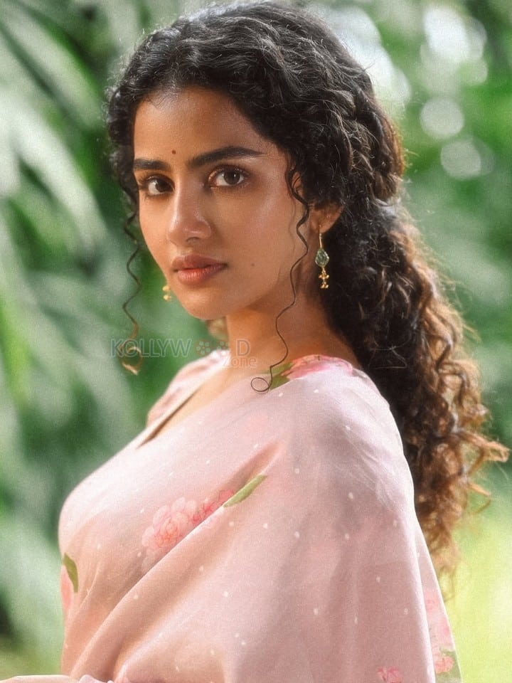 Paradha Actress Anupama Parameswaran in a Light Brown Floral Handwoven Cotton and Silk Sari with Organza Border Photos 07