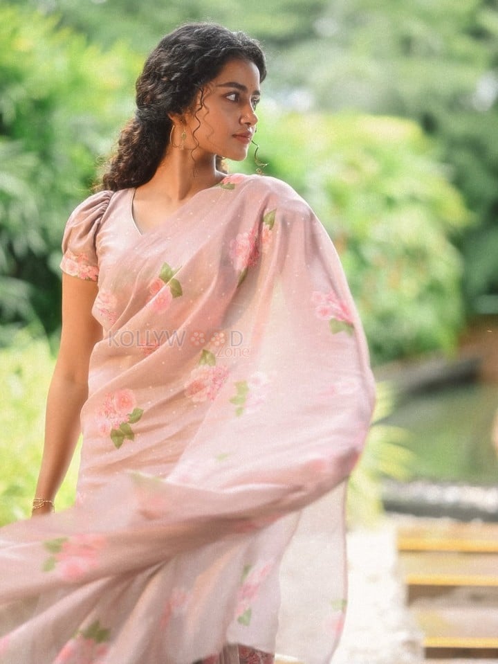 Paradha Actress Anupama Parameswaran in a Light Brown Floral Handwoven Cotton and Silk Sari with Organza Border Photos 09
