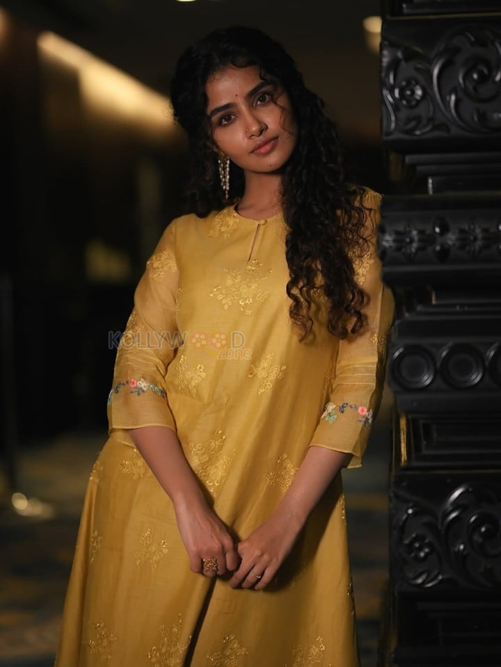 Paradha Actress Anupama Parameswaran in a Mustard Yellow Floral Embroidered Kurta Set Photos 01