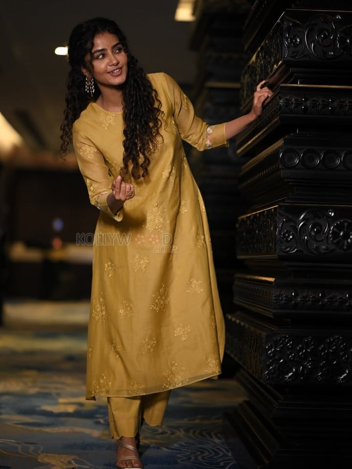 Paradha Actress Anupama Parameswaran in a Mustard Yellow Floral Embroidered Kurta Set Photos 04