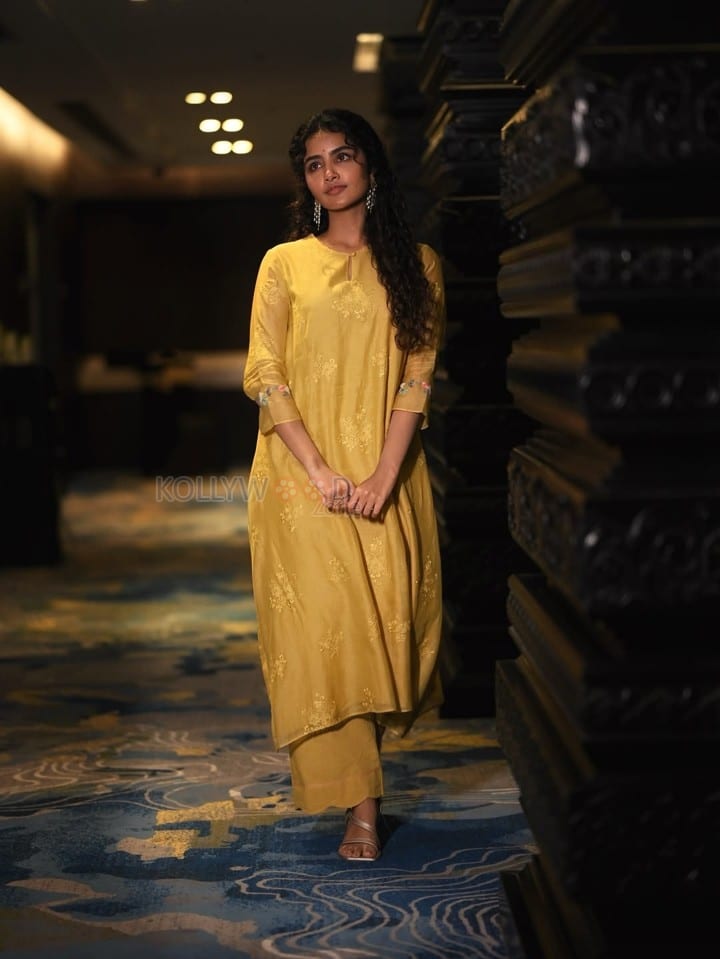 Paradha Actress Anupama Parameswaran in a Mustard Yellow Floral Embroidered Kurta Set Photos 05