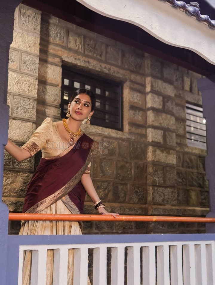 Radiant Nabha Natesh in a Traditional Maroon and Gold Half Saree Photos 03