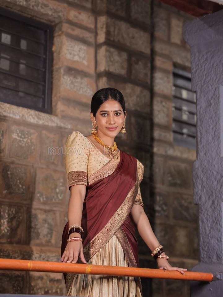 Radiant Nabha Natesh in a Traditional Maroon and Gold Half Saree Photos 07
