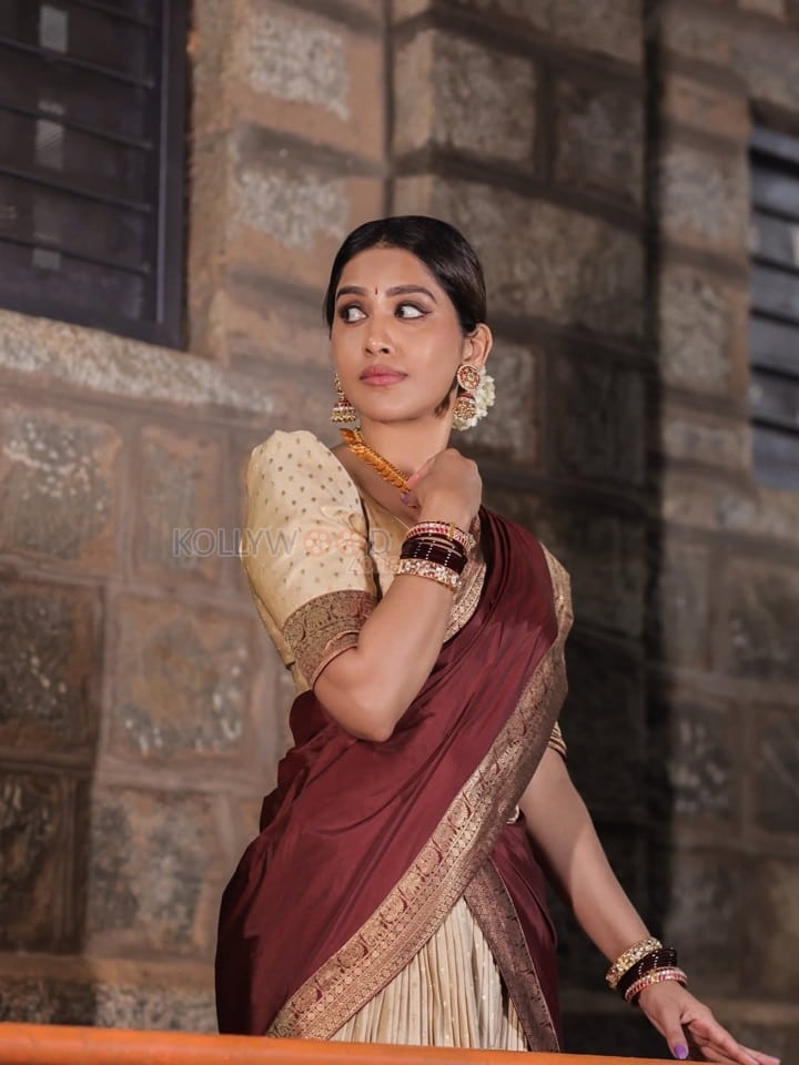Radiant Nabha Natesh in a Traditional Maroon and Gold Half Saree Photos 08