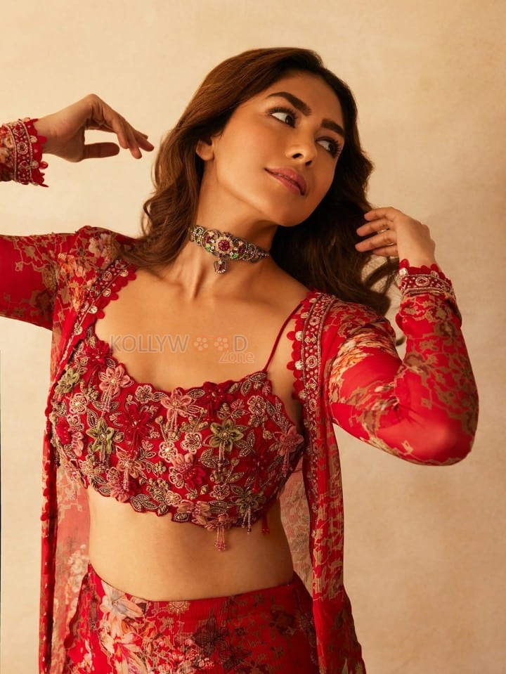 Sexy Mrunal Thakur in a Floral Embroidered Crop Top and Wide Legged Pants with a Sheer Overlay Photos 01