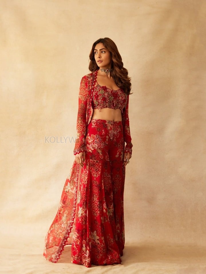 Sexy Mrunal Thakur in a Floral Embroidered Crop Top and Wide Legged Pants with a Sheer Overlay Photos 02